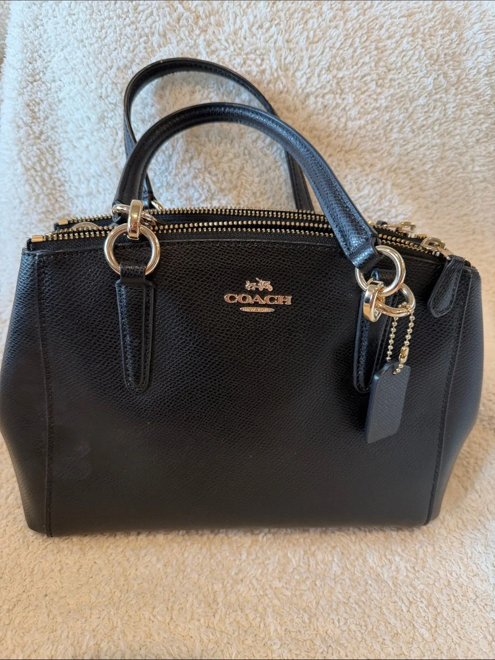 Coach Black Pebbled Christie Carryall Leather Double-Zip Satchel wGold Hardware - Picture 4 of 9